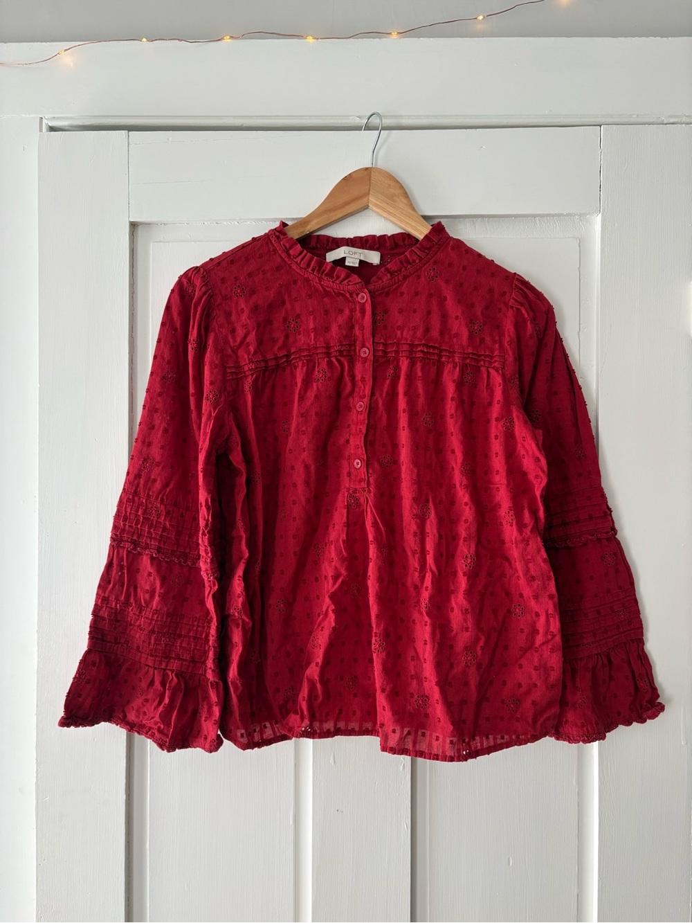 LOFT Red Eyelet Button-Front Blouse